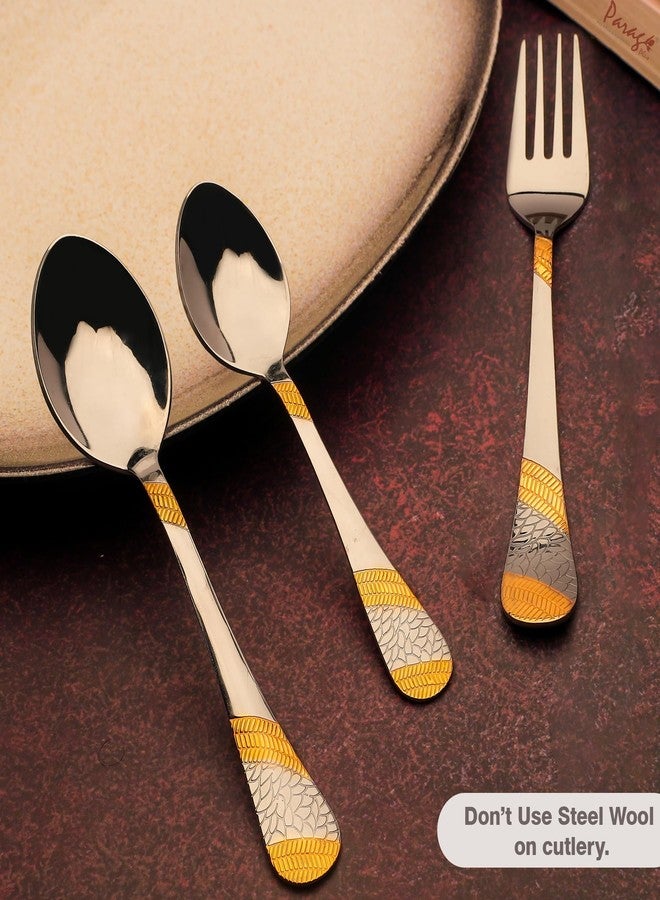 Parage 18 Pieces Stainless Steel 24K Golden Cutlery Set | Luxury 24 Karat Gold Plated Flatware for Home & Kitchen | 6 Table Spoons, 6 Forks & 6 Tea Spoons - Image 4